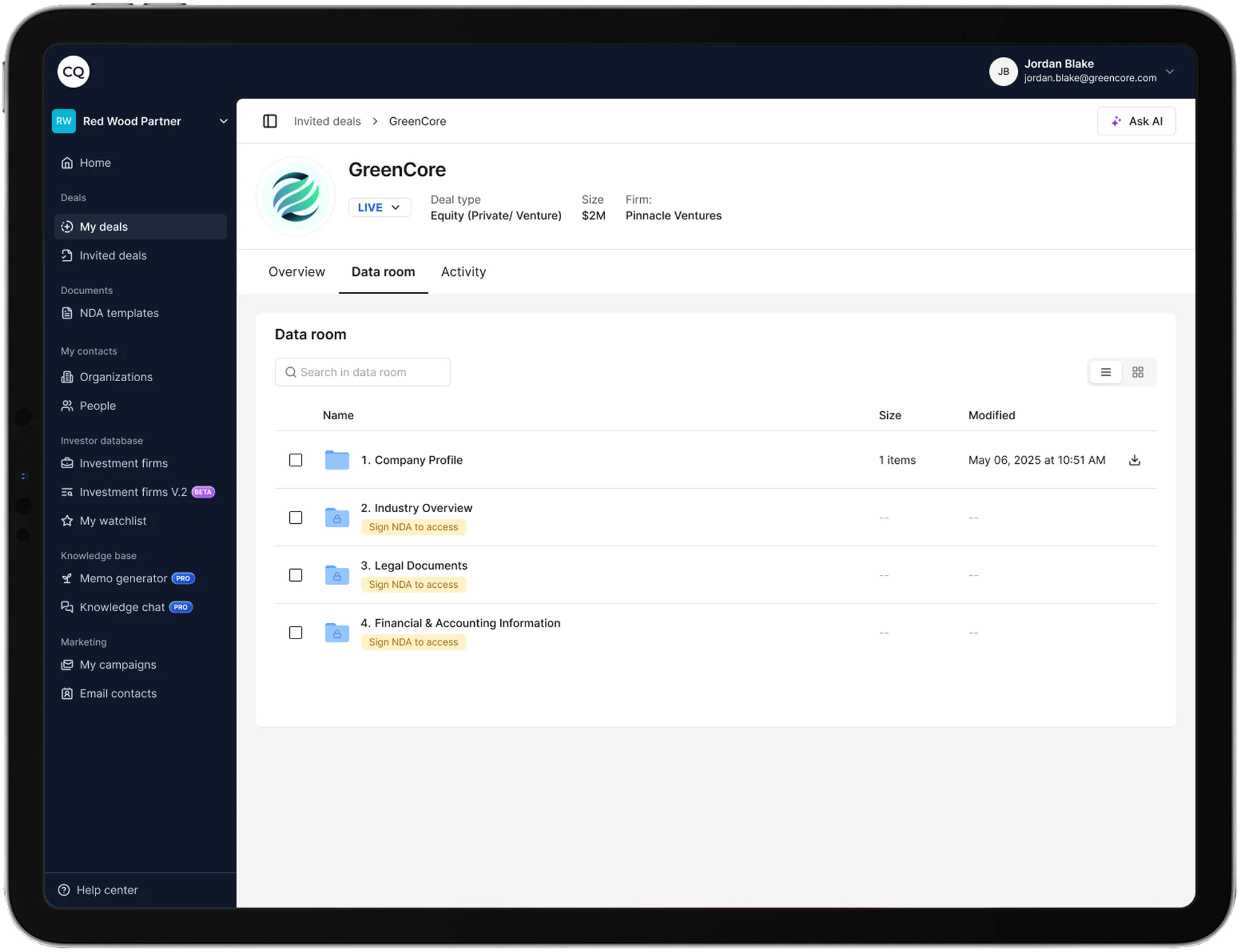 Investor data room view
